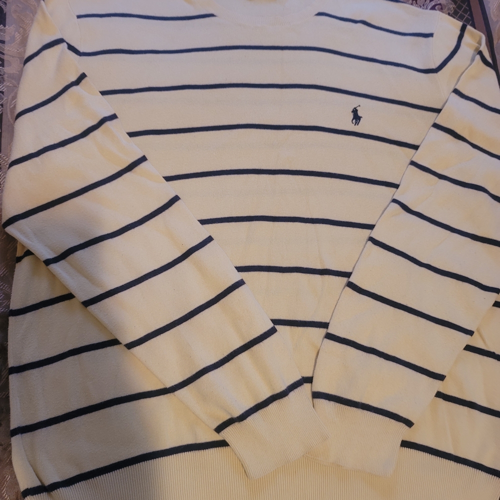 Ralph Lauren Cream and Navy Striped Crewneck Sweater